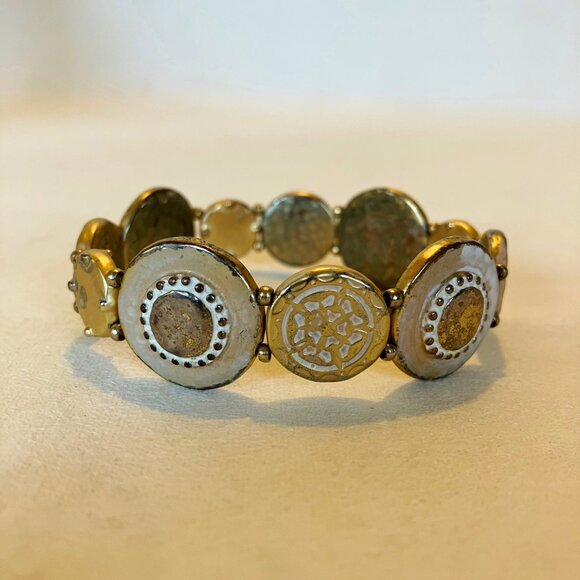 Chico's Set Necklace Bracelet Coin Pendant Gold Tone Metal Mother Of Pearl Stone - Picture 12 of 15